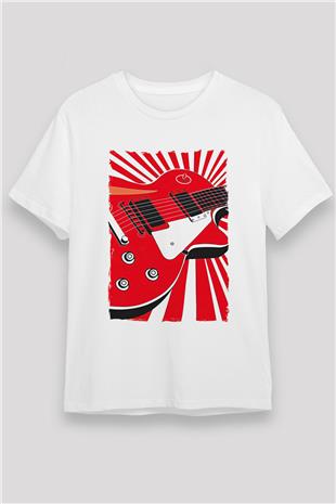 Elektro Gitar Unisex Baskılı Beyaz Tişört - Tshirt