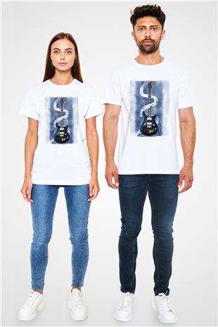 Elektro Gitar Unisex Baskılı Beyaz Tişört - Tshirt
