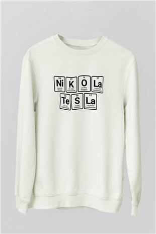 Elementlerden Oluşan Nikola Tesla Baskılı Unisex Beyaz Sweatshirt