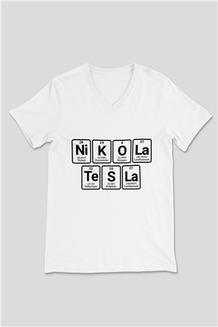Elementlerden Oluşan Nikola Tesla Baskılı Unisex Beyaz V Yaka Tişört