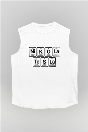 Elementlerden Oluşan Nikola Tesla Baskılı Unisex Beyaz Kolsuz Tişört