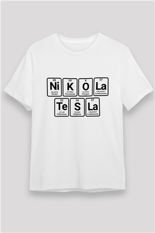 Elementlerden Oluşan Nikola Tesla Baskılı Unisex Beyaz Tişört