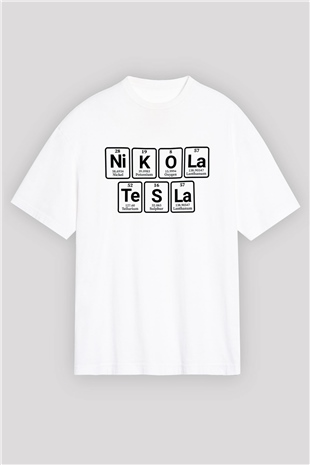 Elementlerden Oluşan Nikola Tesla Baskılı Unisex Beyaz Oversize Tişört