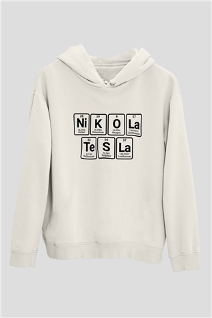 Elementlerden Oluşan Nikola Tesla Baskılı Unisex Beyaz Hoodie