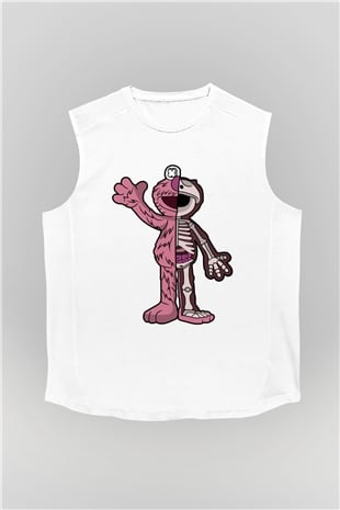 Elmo Half Skeleton Baskılı Unisex Beyaz Kolsuz Tişört