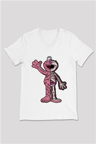 Elmo Half Skeleton Baskılı Unisex Beyaz V Yaka Tişört