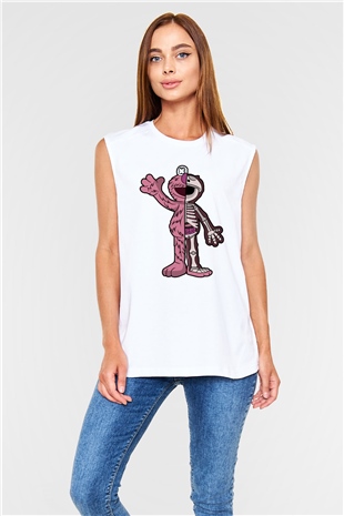 Elmo Half Skeleton Baskılı Unisex Beyaz Kolsuz Tişört