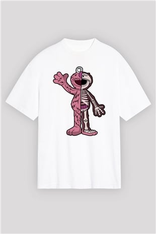 Elmo Half Skeleton Baskılı Unisex Beyaz Oversize Tişört