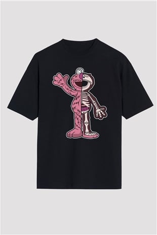 Elmo Half Skeleton Baskılı Unisex Siyah Oversize Tişört