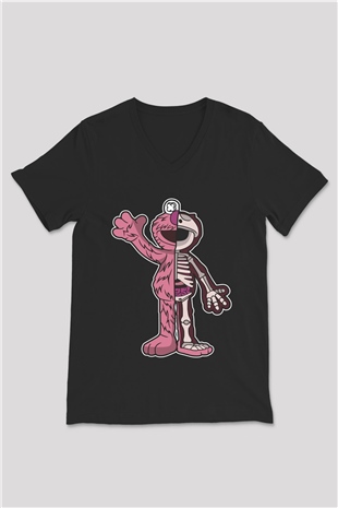 Elmo Half Skeleton Baskılı Unisex Siyah V Yaka Tişört
