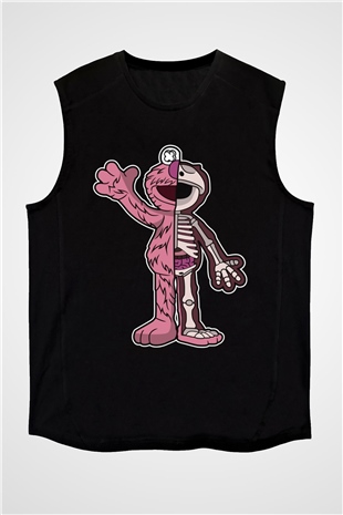 Elmo Half Skeleton Baskılı Unisex Siyah Kolsuz Tişört