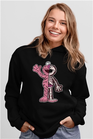 Elmo Half Skeleton Baskılı Unisex Siyah Hoodie