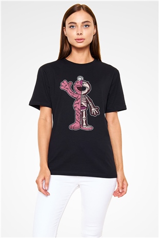 Elmo Half Skeleton Baskılı Unisex Siyah Tişört