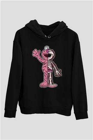 Elmo Half Skeleton Baskılı Unisex Siyah Hoodie