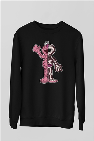 Elmo Half Skeleton Baskılı Unisex Siyah Sweatshirt