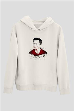 Elon Musk Baskılı Beyaz Unisex Kapüşonlu Sweatshirt