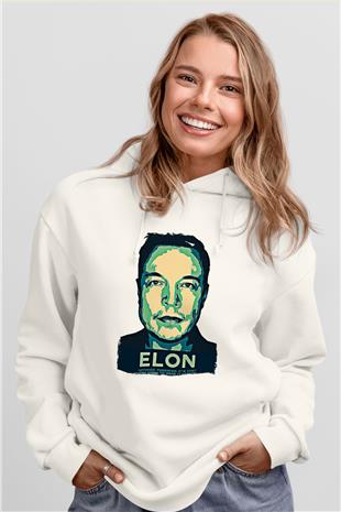 Elon Musk Baskılı Beyaz Unisex Kapüşonlu Sweatshirt