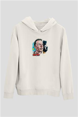 Elon Musk Baskılı Beyaz Unisex Kapüşonlu Sweatshirt