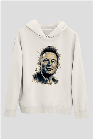 Elon Musk Baskılı Beyaz Unisex Kapüşonlu Sweatshirt