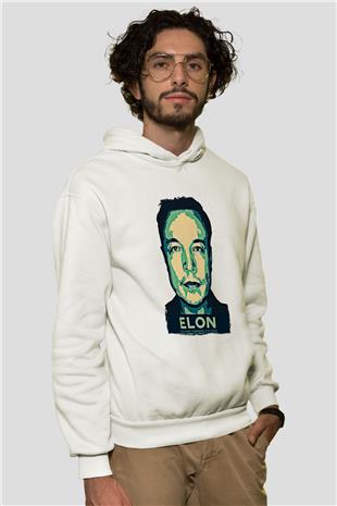 Elon Musk Baskılı Beyaz Unisex Kapüşonlu Sweatshirt
