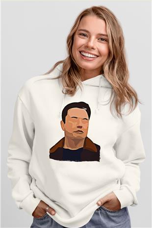 Elon Musk Baskılı Beyaz Unisex Kapüşonlu Sweatshirt