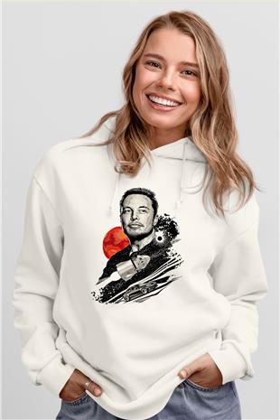 Elon Musk Baskılı Beyaz Unisex Kapüşonlu Sweatshirt