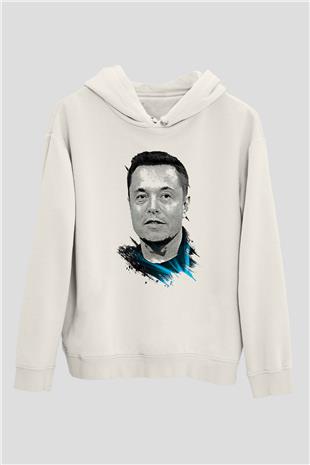 Elon Musk Baskılı Beyaz Unisex Kapüşonlu Sweatshirt