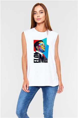 Elon Musk Baskılı Beyaz Unisex Kolsuz Tişört - Tshirt