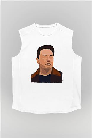Elon Musk Baskılı Beyaz Unisex Kolsuz Tişört - Tshirt