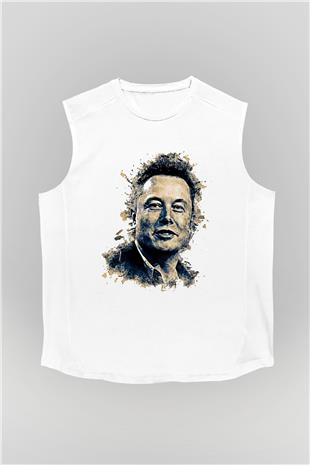 Elon Musk Baskılı Beyaz Unisex Kolsuz Tişört - Tshirt