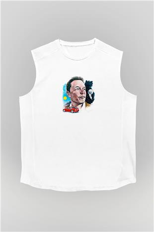 Elon Musk Baskılı Beyaz Unisex Kolsuz Tişört - Tshirt