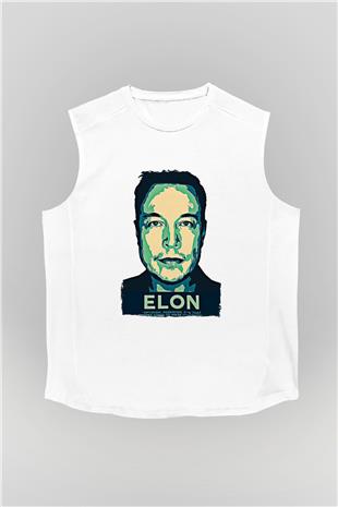 Elon Musk Baskılı Beyaz Unisex Kolsuz Tişört - Tshirt