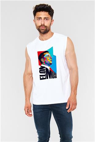 Elon Musk Baskılı Beyaz Unisex Kolsuz Tişört - Tshirt