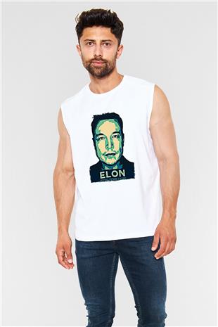 Elon Musk Baskılı Beyaz Unisex Kolsuz Tişört - Tshirt