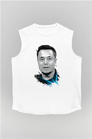 Elon Musk Baskılı Beyaz Unisex Kolsuz Tişört - Tshirt