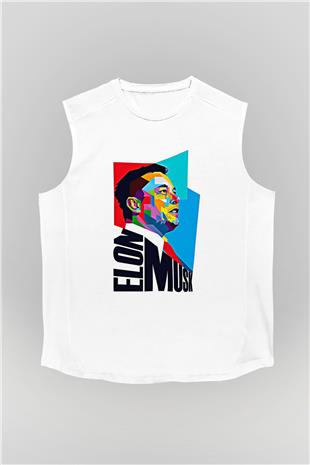 Elon Musk Baskılı Beyaz Unisex Kolsuz Tişört - Tshirt