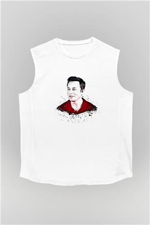 Elon Musk Baskılı Beyaz Unisex Kolsuz Tişört - Tshirt