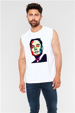 Elon Musk Baskılı Beyaz Unisex Kolsuz Tişört - Tshirt