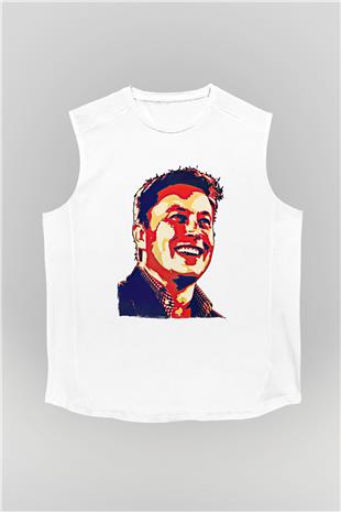 Elon Musk Baskılı Beyaz Unisex Kolsuz Tişört - Tshirt