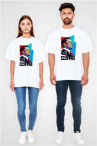 Elon Musk Baskılı Beyaz Unisex Oversize Tişört - Tshirt