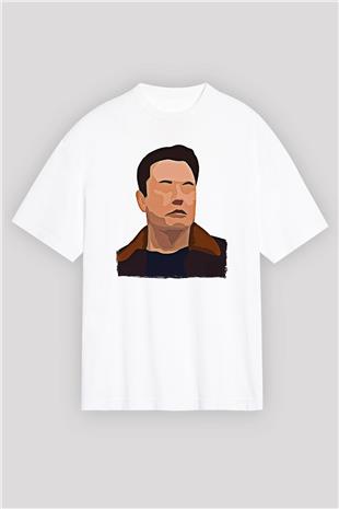 Elon Musk Baskılı Beyaz Unisex Oversize Tişört - Tshirt