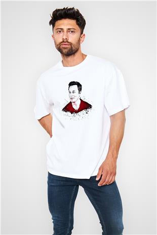 Elon Musk Baskılı Beyaz Unisex Oversize Tişört - Tshirt