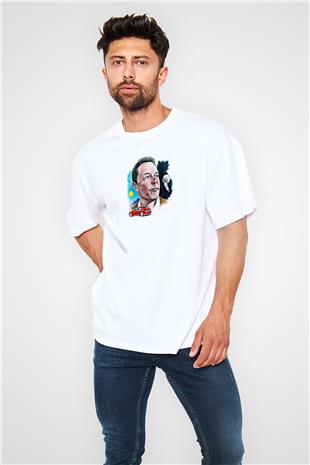 Elon Musk Baskılı Beyaz Unisex Oversize Tişört - Tshirt