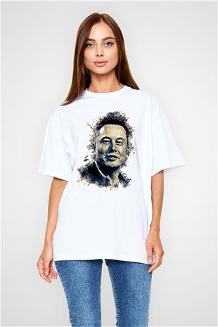 Elon Musk Baskılı Beyaz Unisex Oversize Tişört - Tshirt