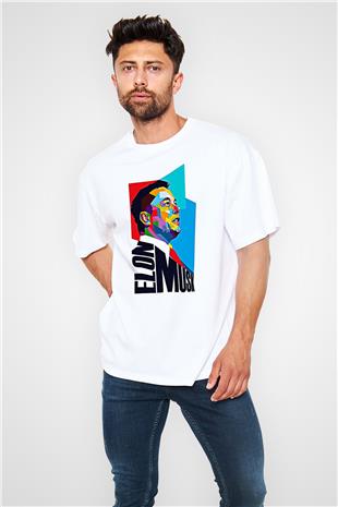 Elon Musk Baskılı Beyaz Unisex Oversize Tişört - Tshirt