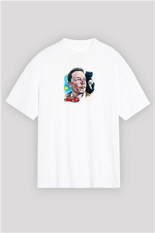 Elon Musk Baskılı Beyaz Unisex Oversize Tişört - Tshirt