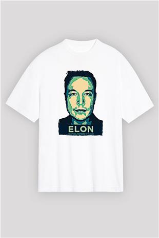 Elon Musk Baskılı Beyaz Unisex Oversize Tişört - Tshirt