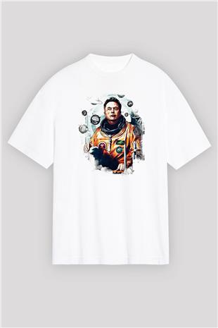 Elon Musk Baskılı Beyaz Unisex Oversize Tişört - Tshirt
