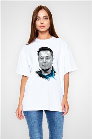 Elon Musk Baskılı Beyaz Unisex Oversize Tişört - Tshirt