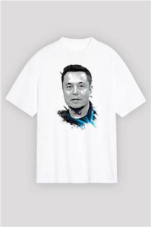 Elon Musk Baskılı Beyaz Unisex Oversize Tişört - Tshirt